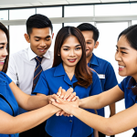 **Image:** A diverse group of Thai office workers participating in a team-building exercise, showcasing collaboration and problem-solving skills. The background includes modern office architecture with Thai design elements. Focus on positive expressions and active engagement.