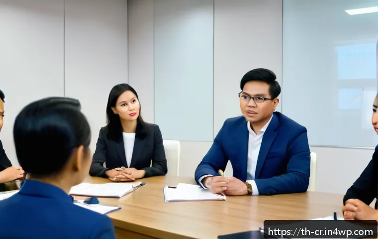 역량 갭 분석을 위한 전문가 인터뷰 - A professional office setting in Bangkok, Thailand, showing a diverse group of corporate experts fro...