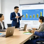 Home 22 역량 갭 분석의 경제적 효과 - A modern office setting in Bangkok with a diverse group of professional employees engaged in a digit...