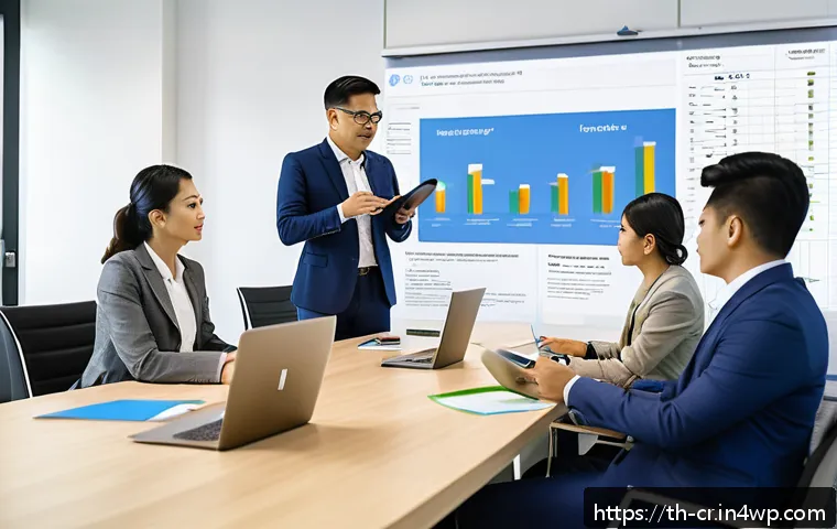 역량 갭 분석의 경제적 효과 - A modern office setting in Bangkok with a diverse group of professional employees engaged in a digit...