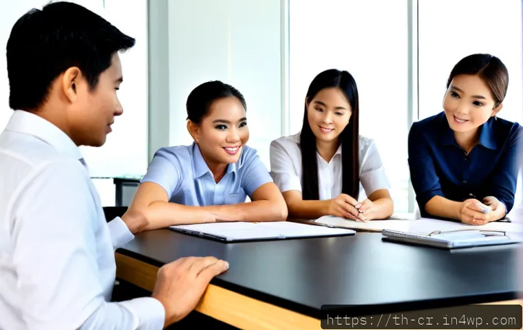 Home 17 조직문화와 역량 갭 분석의 상관관계 - Photorealistic modern Thai workplace, diverse Thai employees in a bright Bangkok office collaboratin...